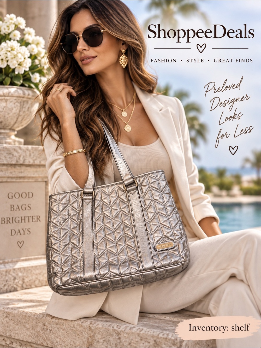Perlina Metallic Silver Quilted Leather Tote Shoulder Bag